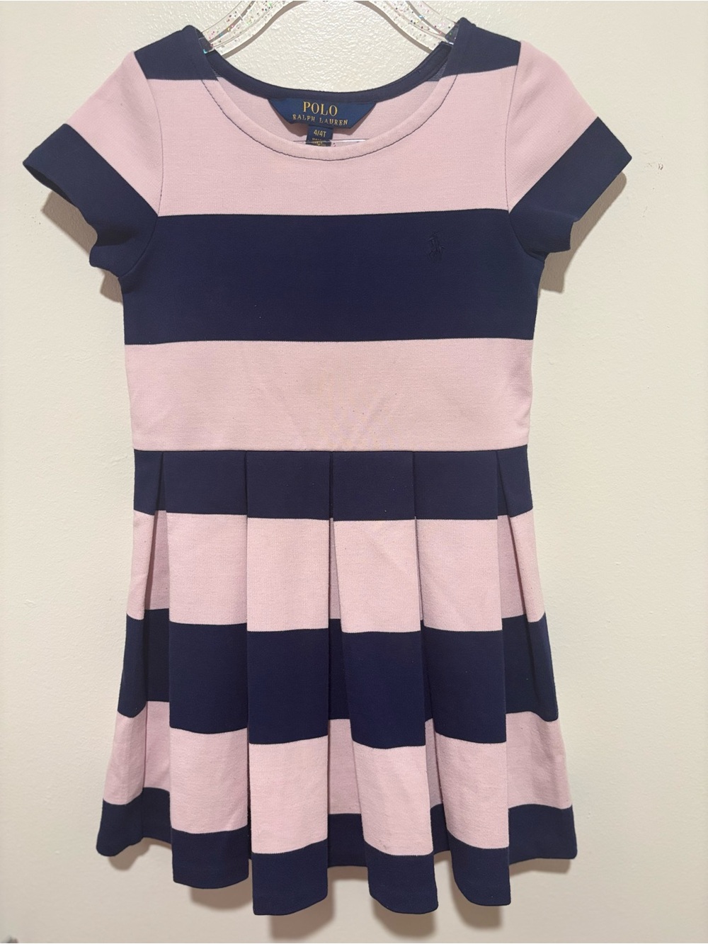Polo by Ralph Lauren Pink and Navy Wide-Stripe Pleated Dress